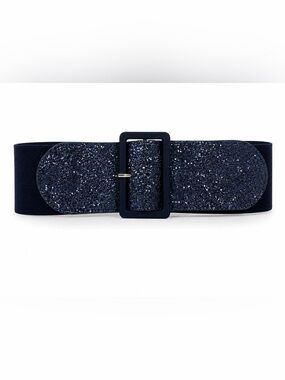 bebe Navy Glitter Luxury Stretch Statement Wide Belt with Rectangular Buckle